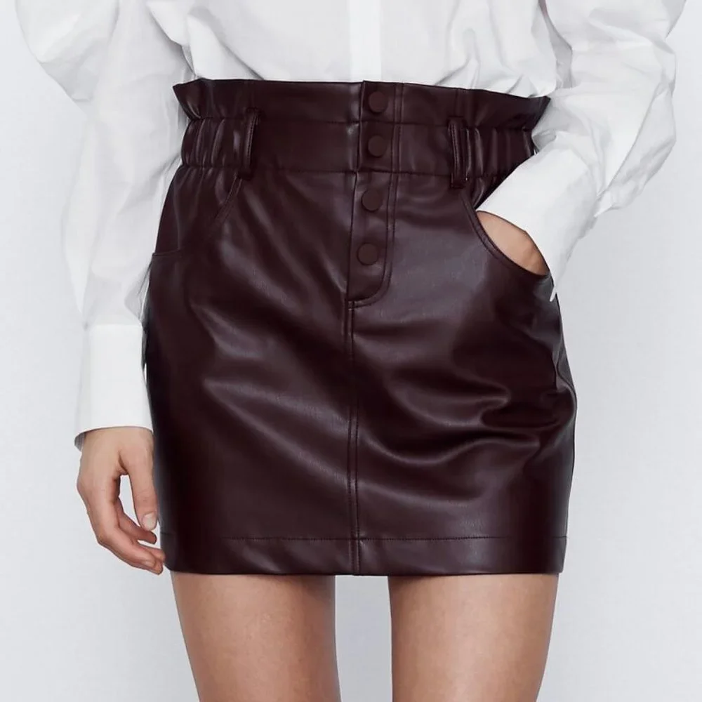 NEW Zara High Waist Paperbag Button Front Faux Leather Mini Skirt Burgundy Plum - Picture 5 of 9